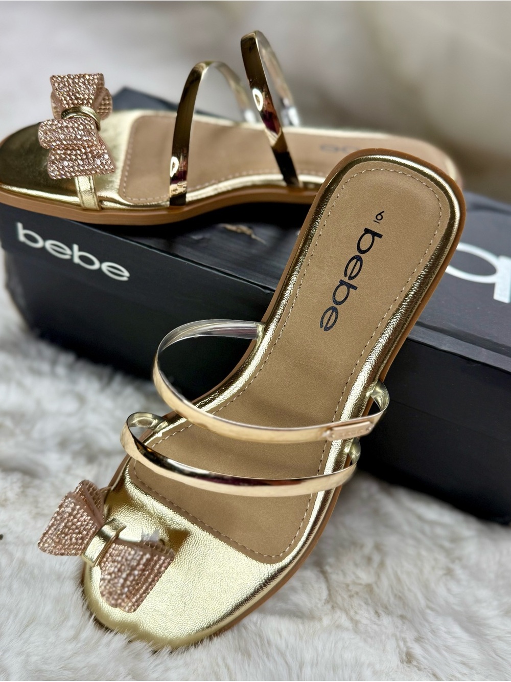 bebe Gold Metallic Bow Slide Sandals - Picture 2 of 5